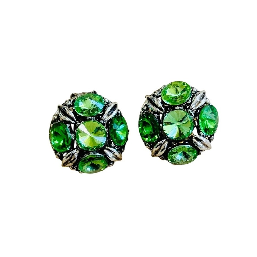 VTG Hollycraft Rivoli Earrings Signed Crystal Rhinestone Clip Green 1950s Estate